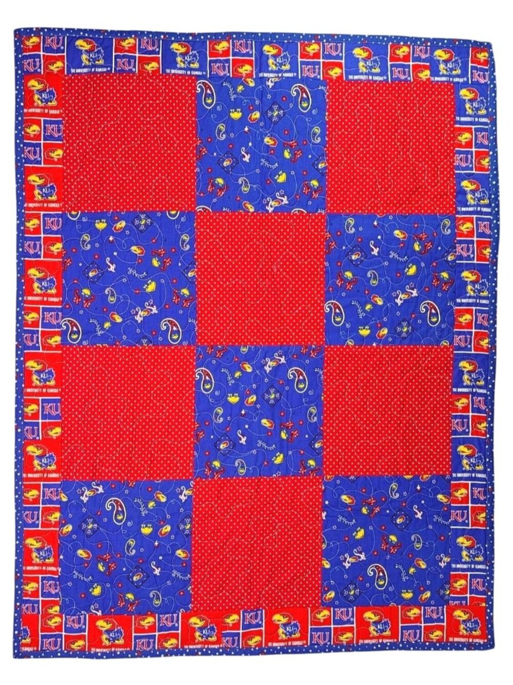 University Of Kansas Jayhawk KU Handmade Patchwork Baby Quilt Red Blue 39"x30.5"
